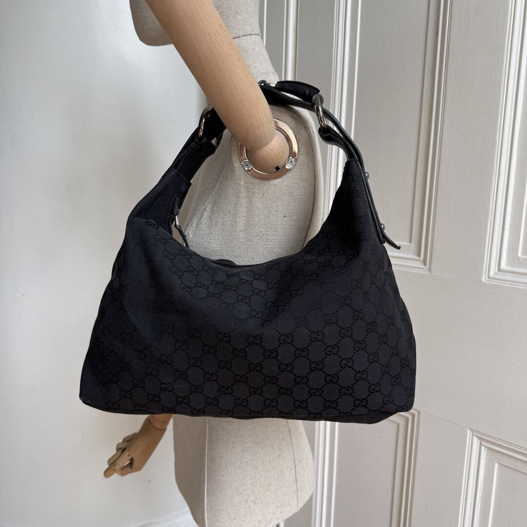 Gucci GG Canvas Horsebit Hobo Black Shoulder Bag