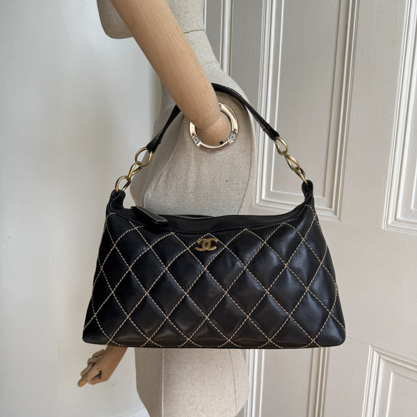 2003 Chanel CC Surpique Wild Stitch Black Leather Handbag