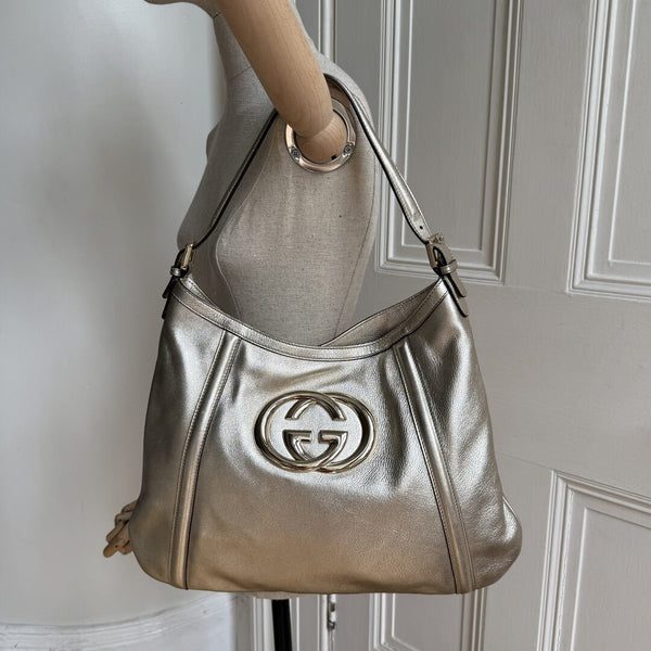 Gucci Britt Hobo Leather Metallic Gold Shoulder Bag