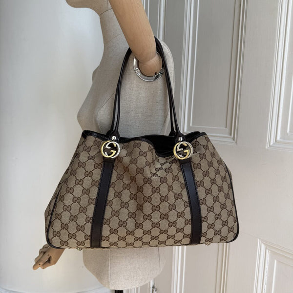 Gucci GG Canvas Twins Black Leather Tote Bag