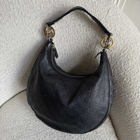 Gucci Guccissima Twins Hobo Black Leather Shoulder Bag