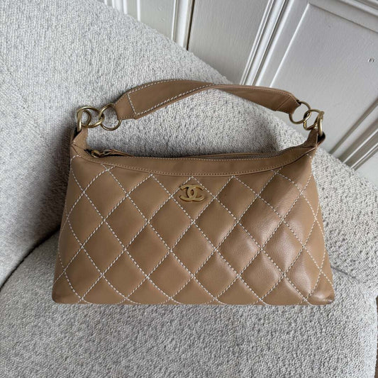 2003 Chanel CC Surpique Wild Stitch Beige Leather Handbag