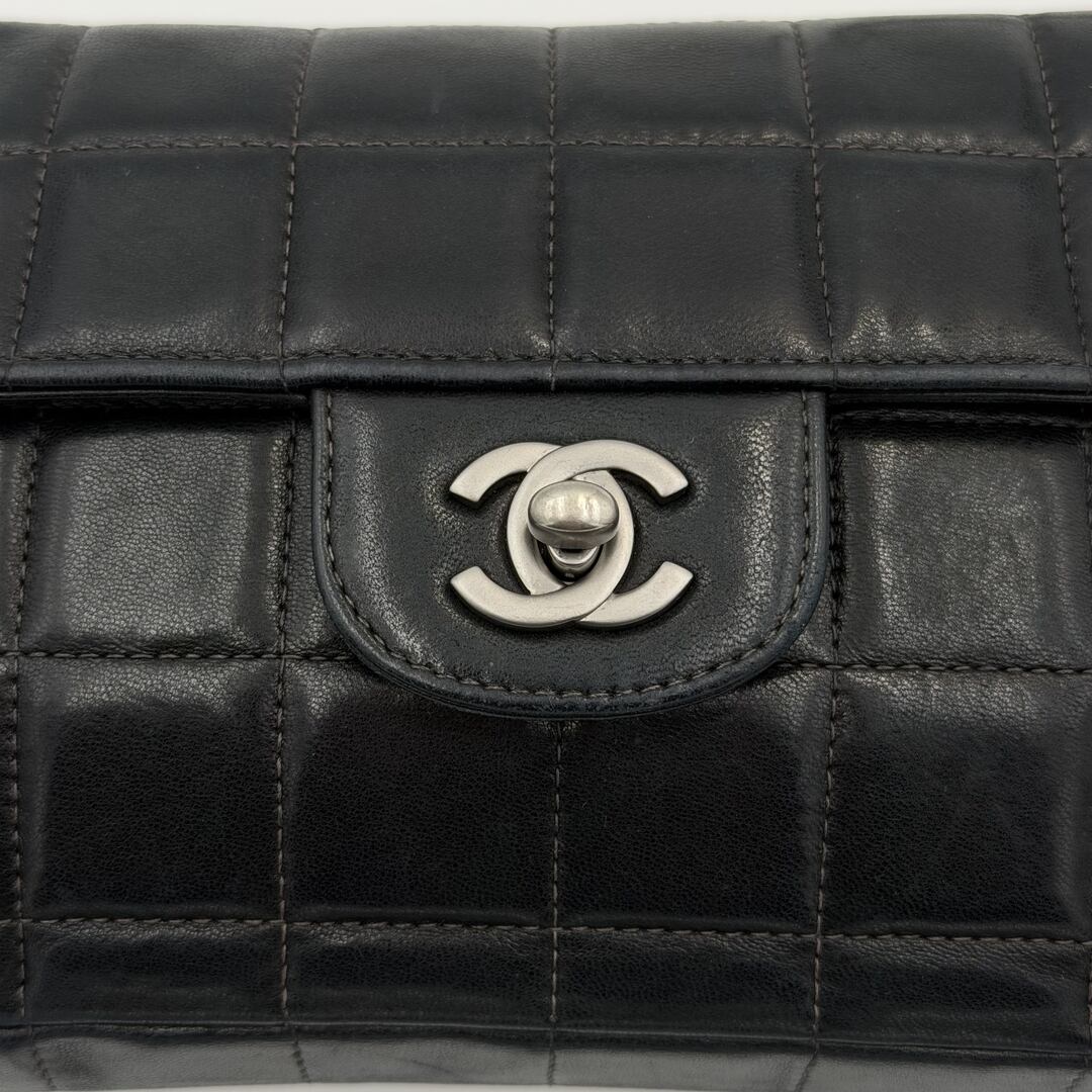 2000 Chanel East West Chocolate Bar Black Leather Flap Shoulder Bag