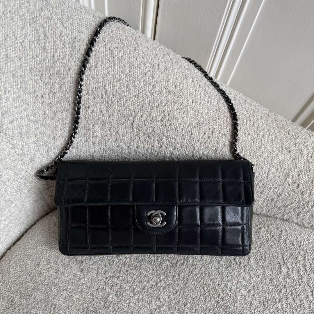 2000 Chanel East West Chocolate Bar Black Leather Flap Shoulder Bag