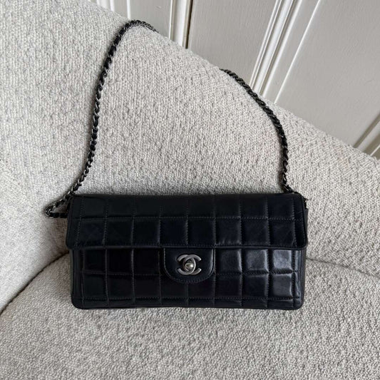 2000 Chanel East West Chocolate Bar Black Leather Flap Shoulder Bag