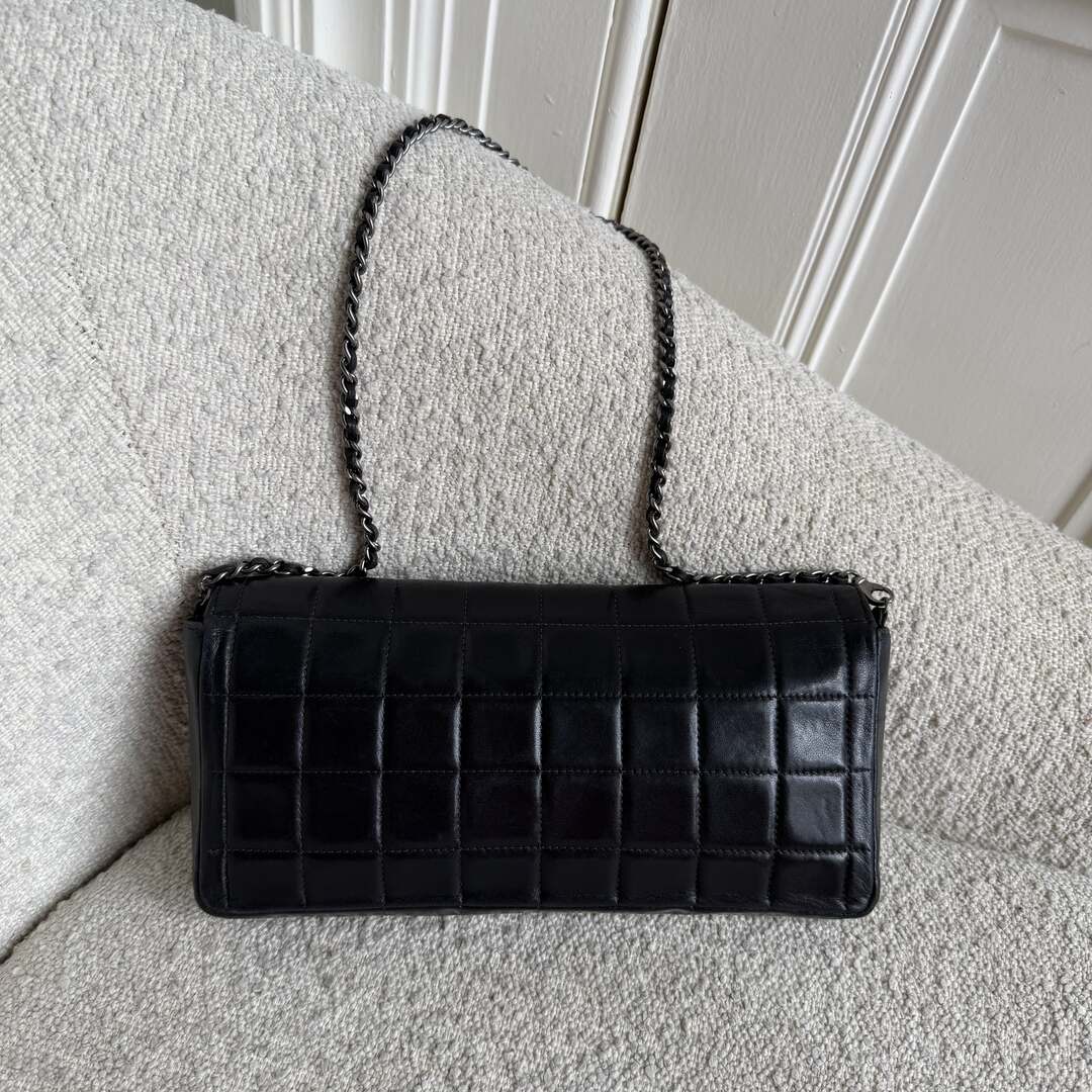 2000 Chanel East West Chocolate Bar Black Leather Flap Shoulder Bag