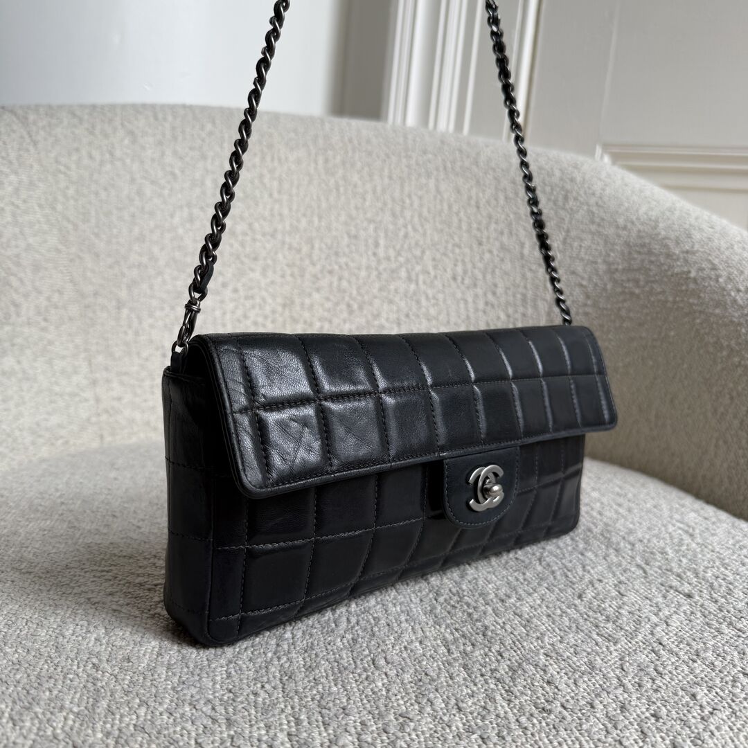 2000 Chanel East West Chocolate Bar Black Leather Flap Shoulder Bag