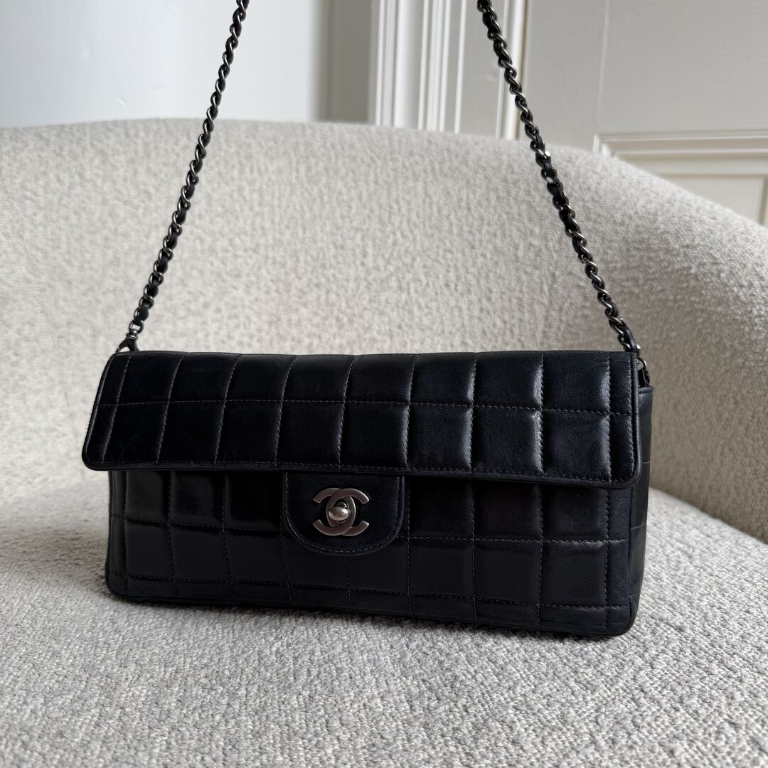 2000 Chanel East West Chocolate Bar Black Leather Flap Shoulder Bag