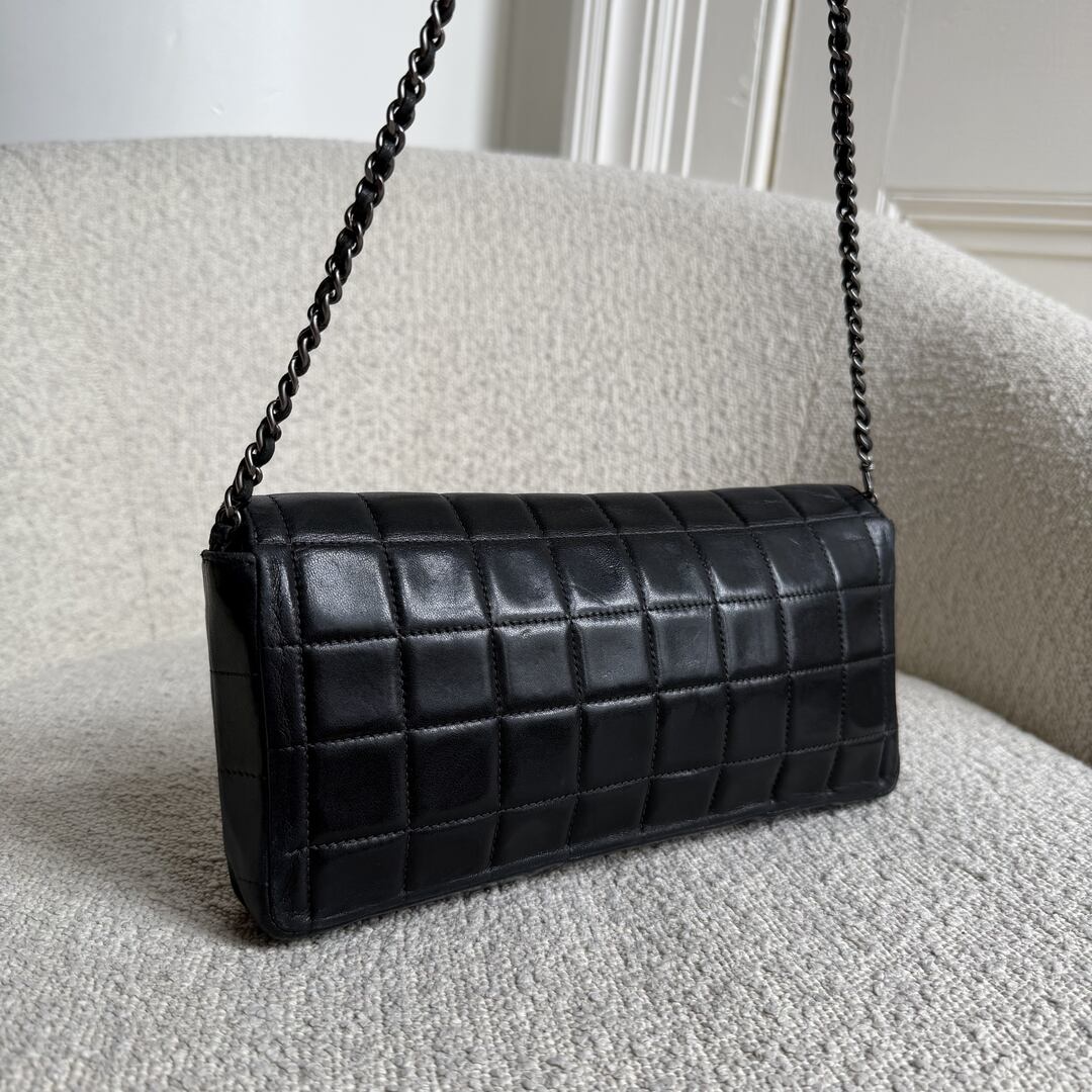 2000 Chanel East West Chocolate Bar Black Leather Flap Shoulder Bag