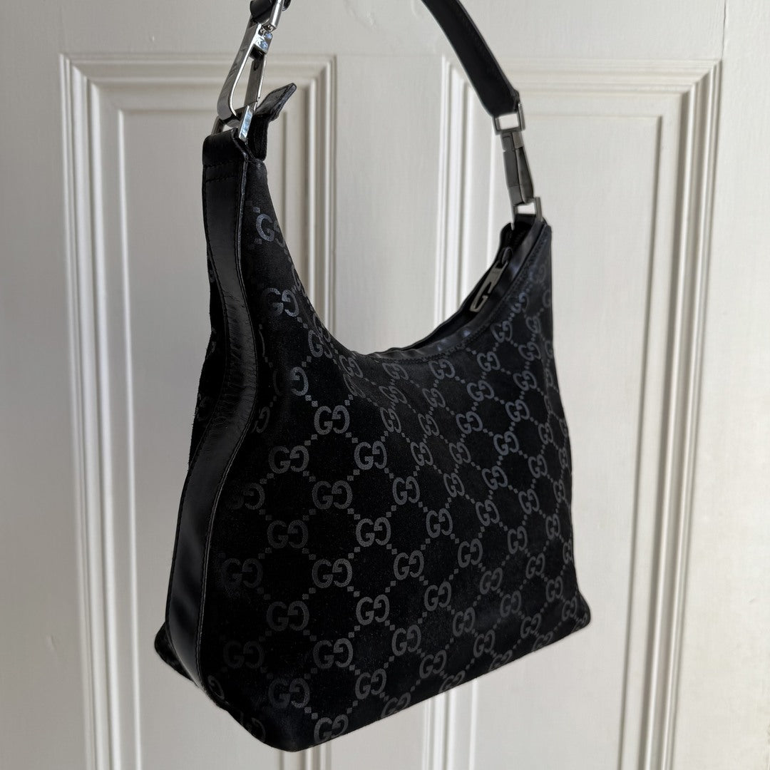Gucci GG Monogram Suede Navy Shoulder Bag
