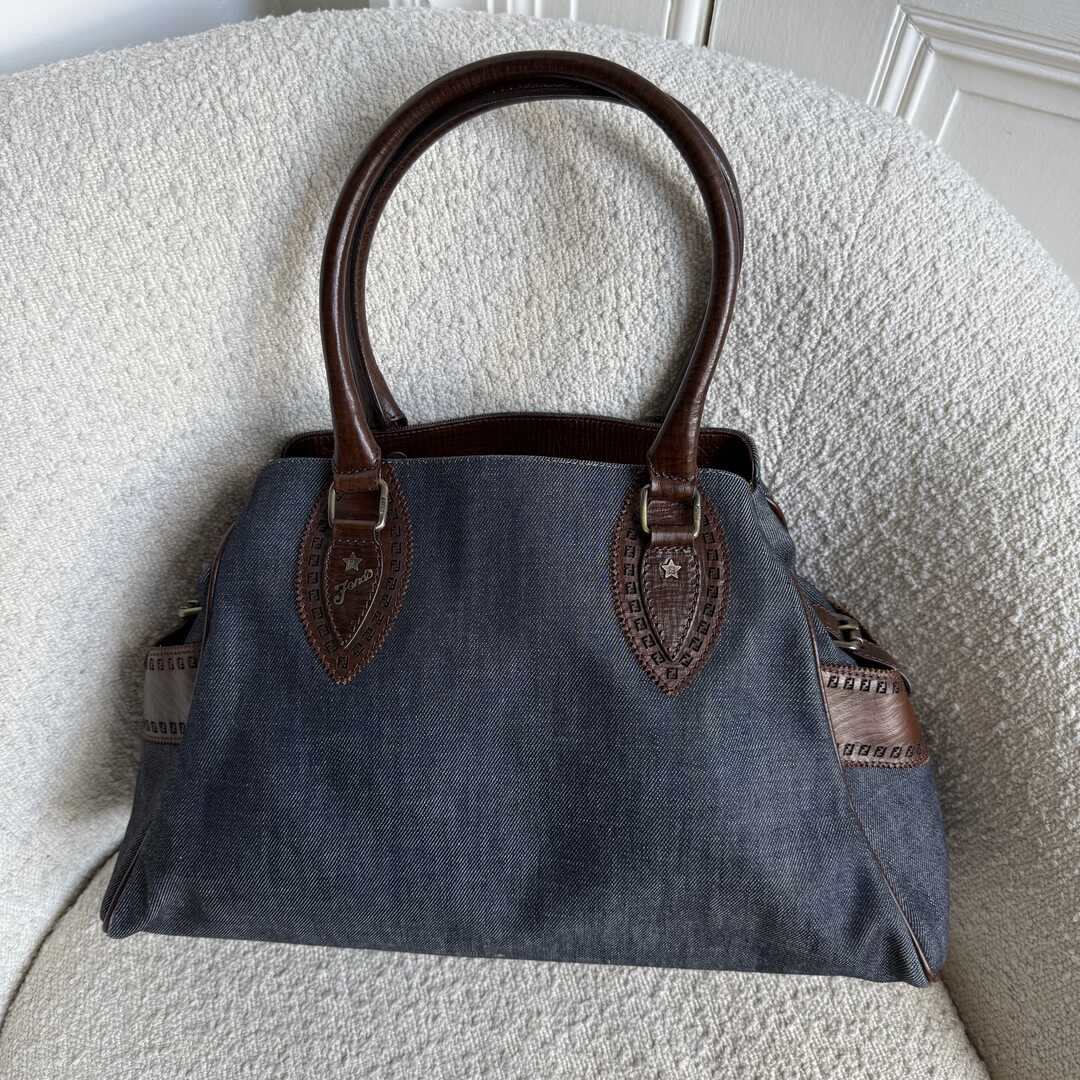 Fendi Blue Denim Du Jour Leather Brown Shoulder Bag