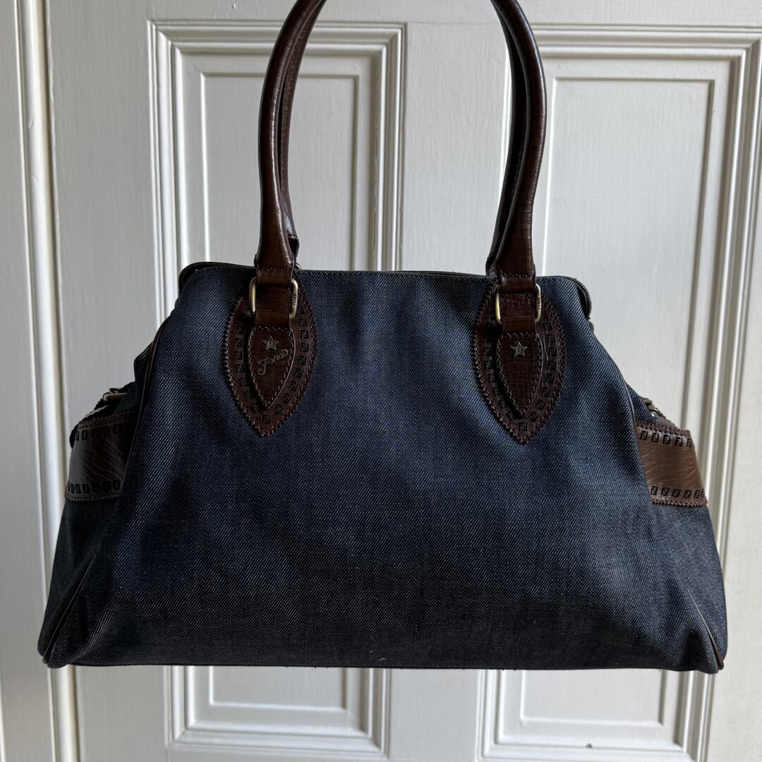 Fendi Blue Denim Du Jour Leather Brown Shoulder Bag
