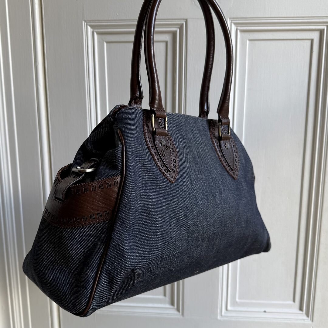 Fendi Blue Denim Du Jour Leather Brown Shoulder Bag