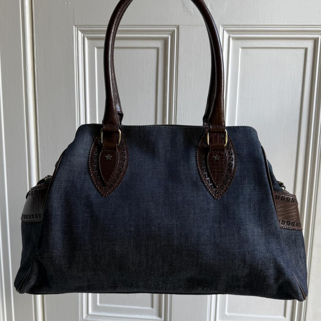 Fendi Blue Denim Du Jour Leather Brown Shoulder Bag