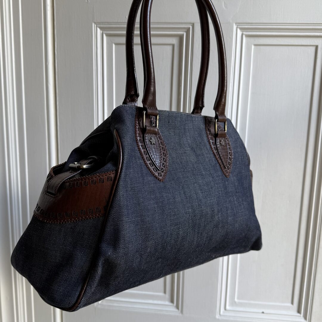 Fendi Blue Denim Du Jour Leather Brown Shoulder Bag