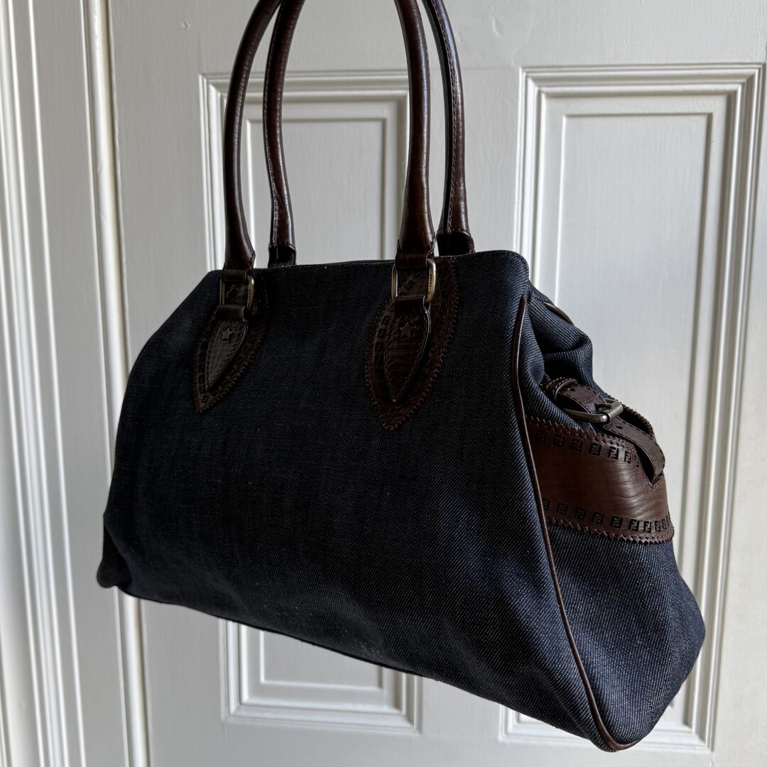 Fendi Blue Denim Du Jour Leather Brown Shoulder Bag
