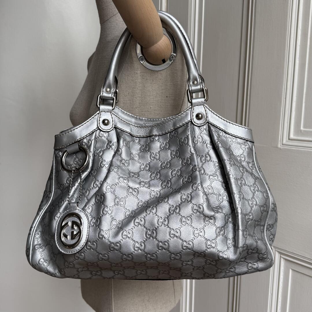 Gucci Sukey Metallic Silver Leather Shoulder Bag