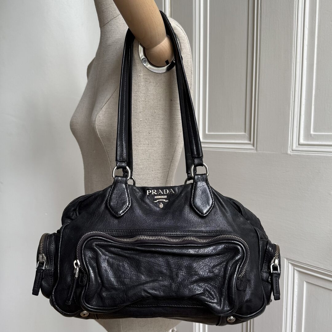 Prada Vitello Cargo Pocket Black Leather Shoulder Bag