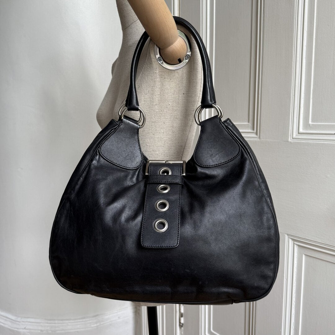 2002 Prada XL Moon Black Leather Shoulder Bag