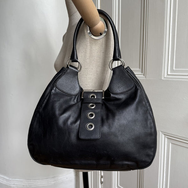 2002 Prada XL Moon Black Leather Shoulder Bag