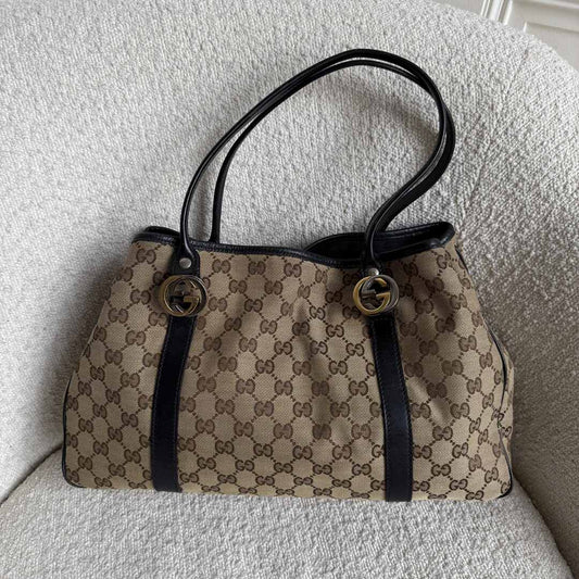 Gucci GG Canvas Twins Black Leather Tote Bag