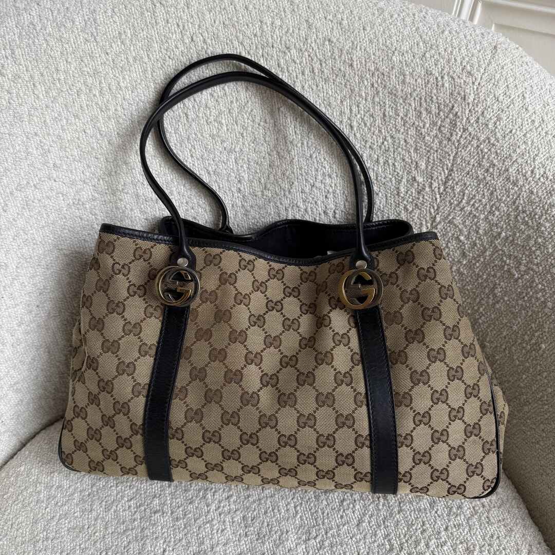 Gucci GG Canvas Twins Black Leather Tote Bag