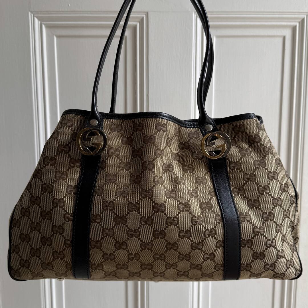 Gucci GG Canvas Twins Black Leather Tote Bag