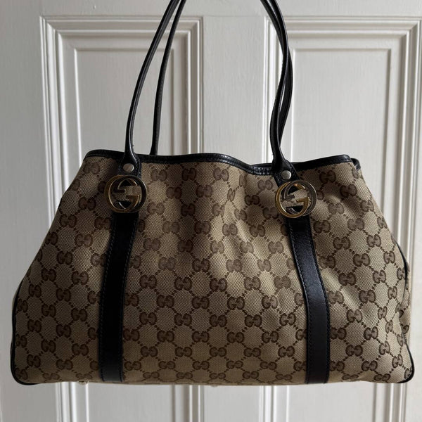 Gucci GG Canvas Twins Black Leather Tote Bag