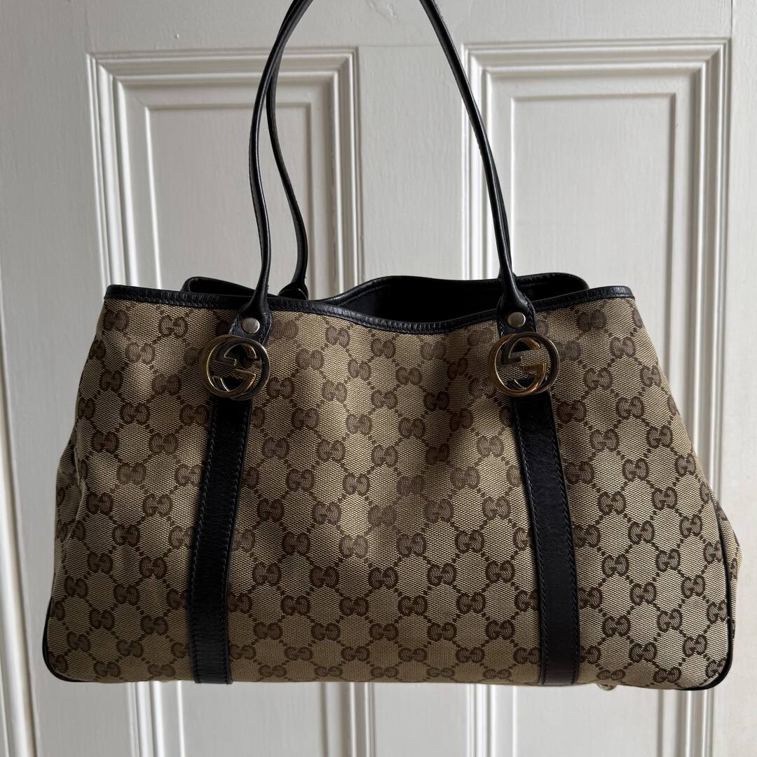 Gucci GG Canvas Twins Black Leather Tote Bag