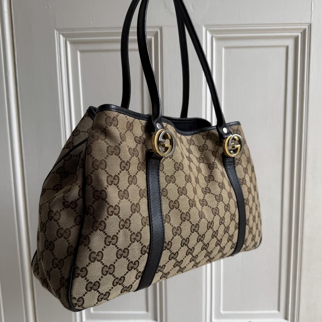 Gucci GG Canvas Twins Black Leather Tote Bag