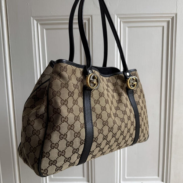 Gucci GG Canvas Twins Black Leather Tote Bag