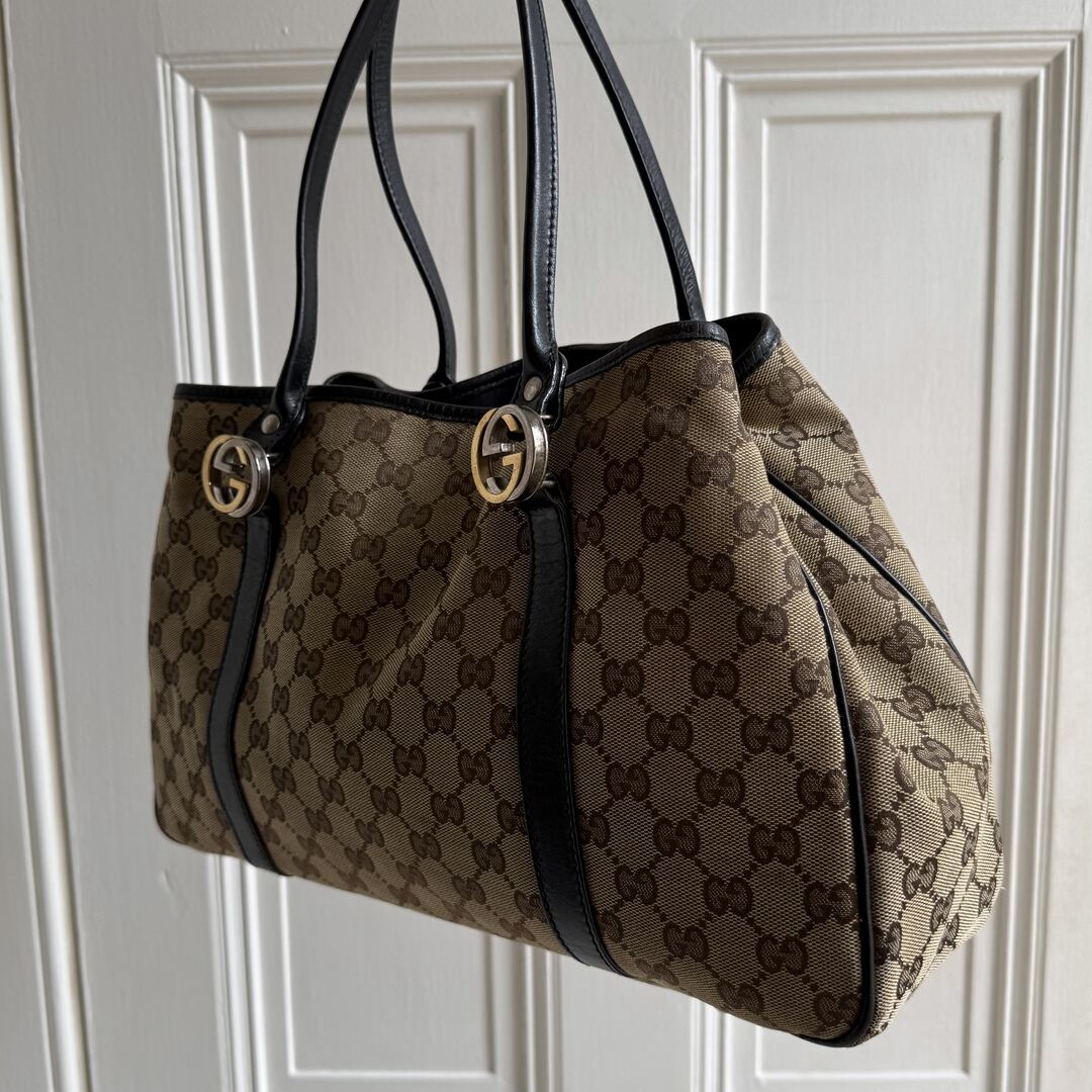 Gucci GG Canvas Twins Black Leather Tote Bag