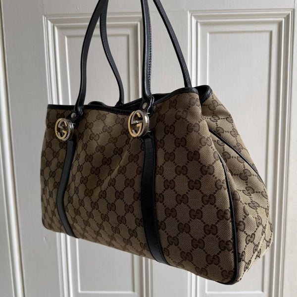 Gucci GG Canvas Twins Black Leather Tote Bag