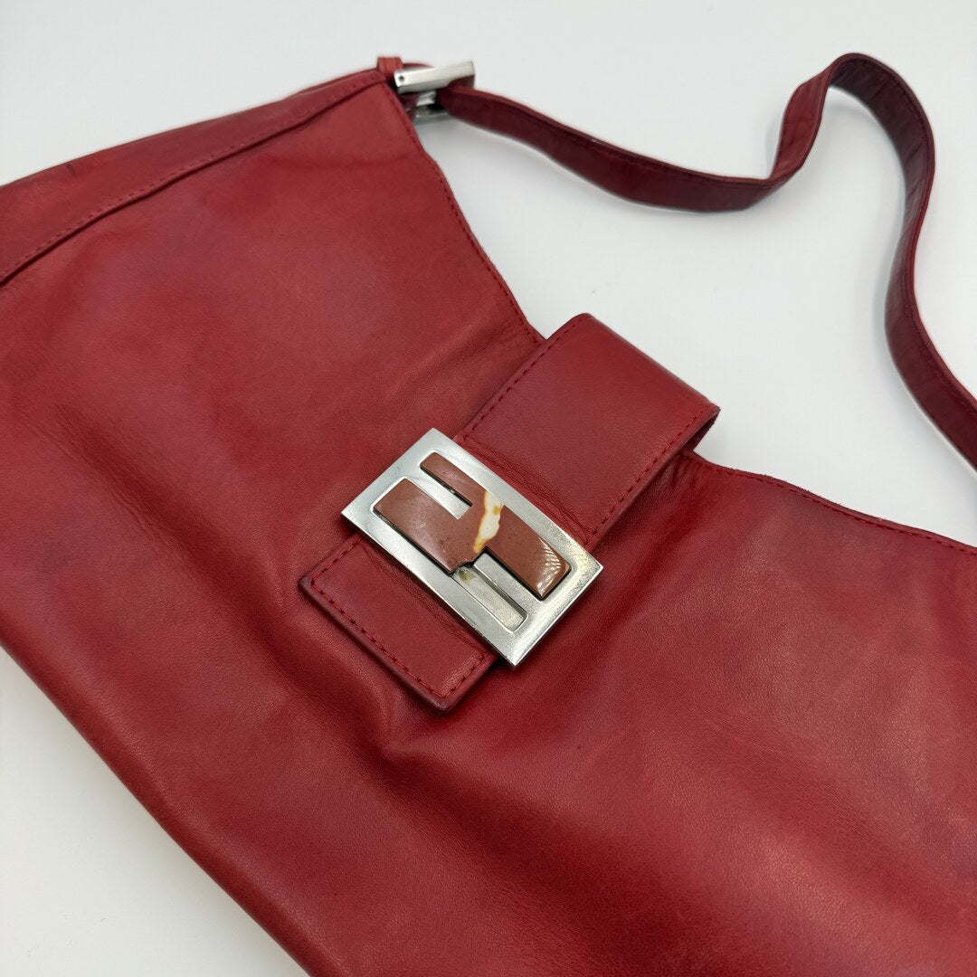 Fendi Baguette Hobo Red Leather Shoulder Bag