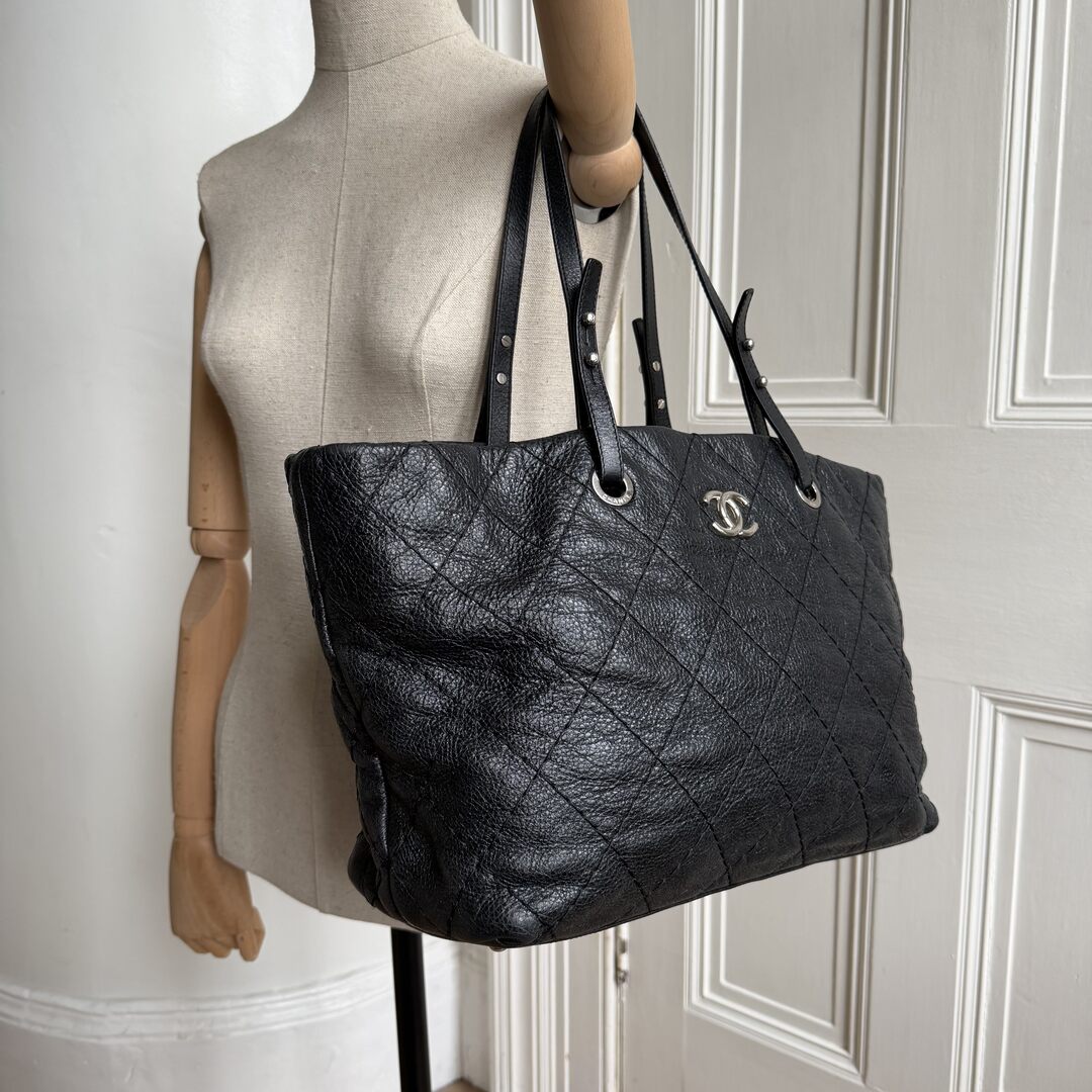 2010 Chanel CC On The Road Black Leather Tote Bag