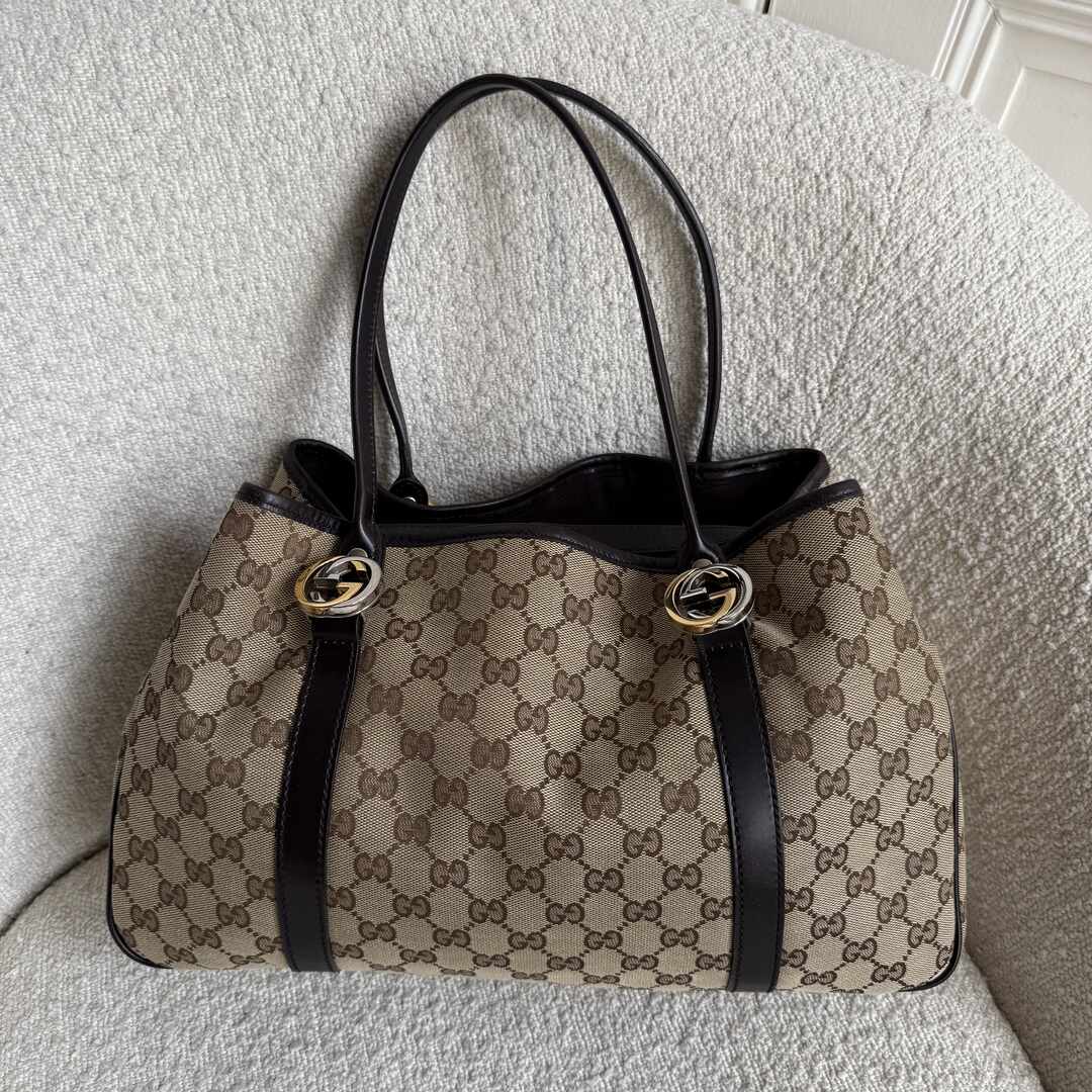 Gucci GG Canvas Twins Black Leather Tote Bag
