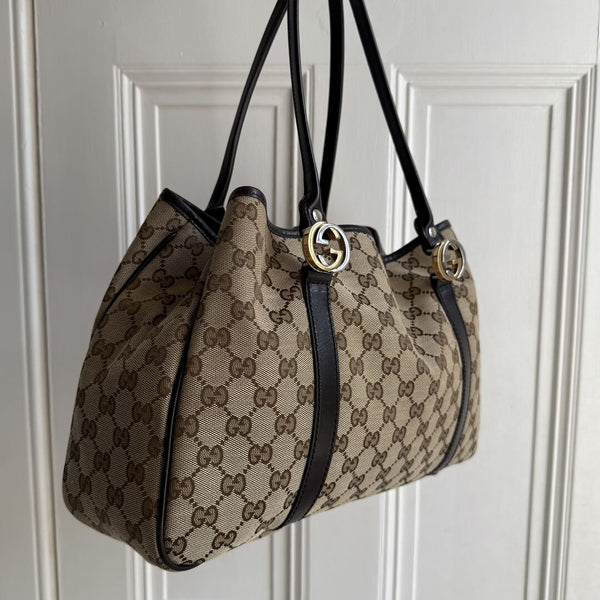 Gucci GG Canvas Twins Black Leather Tote Bag