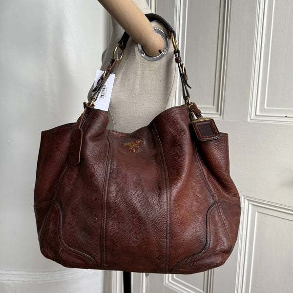 Prada Vitello Daino Brown Leather Large Tote Bag