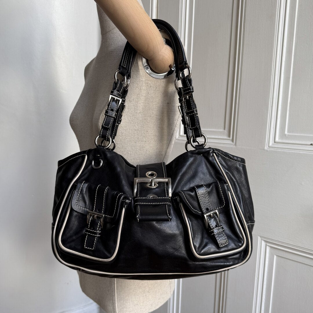 Prada Nappa Black Leather Buckle Shoulder Bag