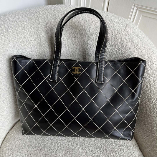 2002 Chanel CC Large Surpique Wild Stitch Black Leather Tote Bag
