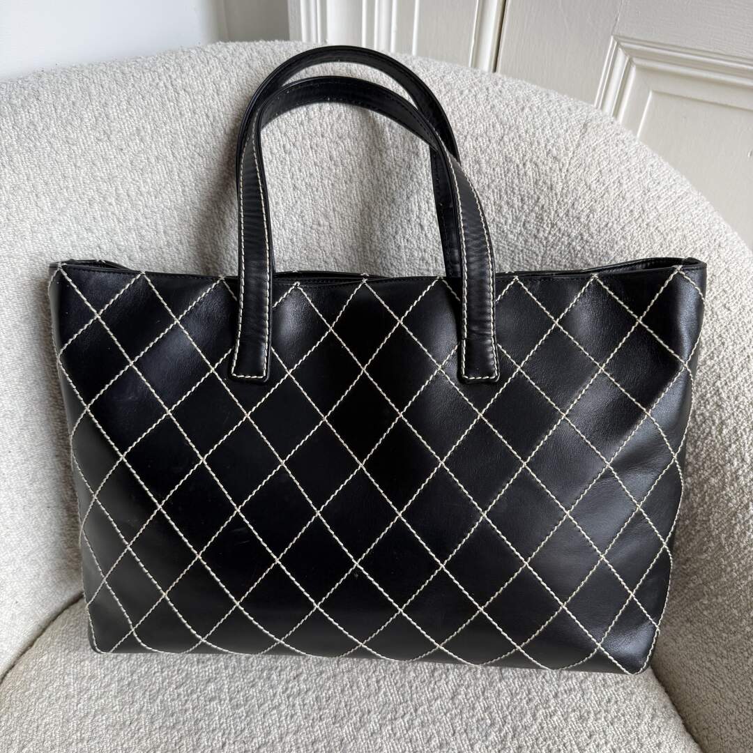 2002 Chanel CC Large Surpique Wild Stitch Black Leather Tote Bag