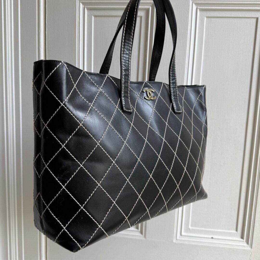 2002 Chanel CC Large Surpique Wild Stitch Black Leather Tote Bag