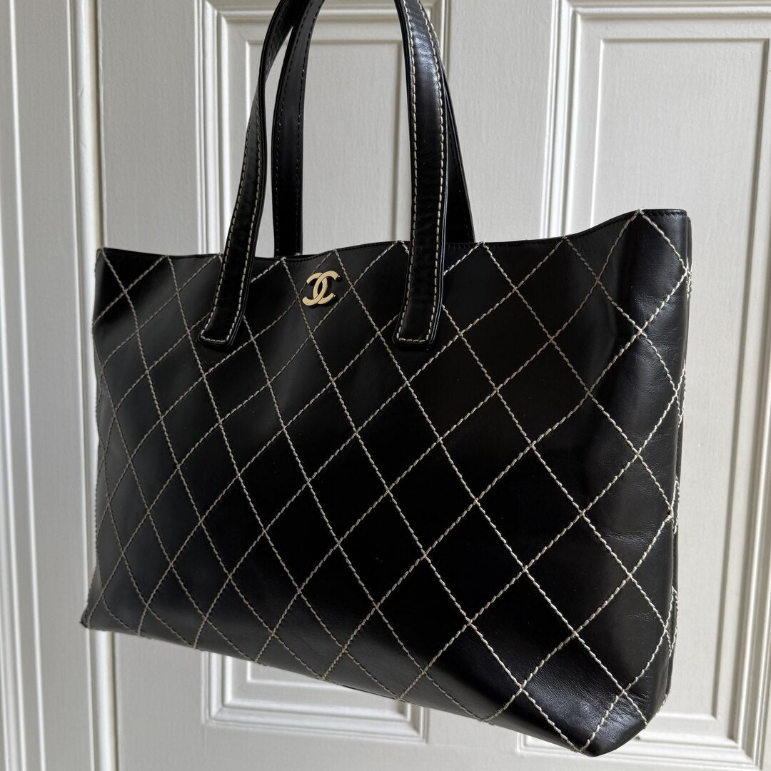 2002 Chanel CC Large Surpique Wild Stitch Black Leather Tote Bag