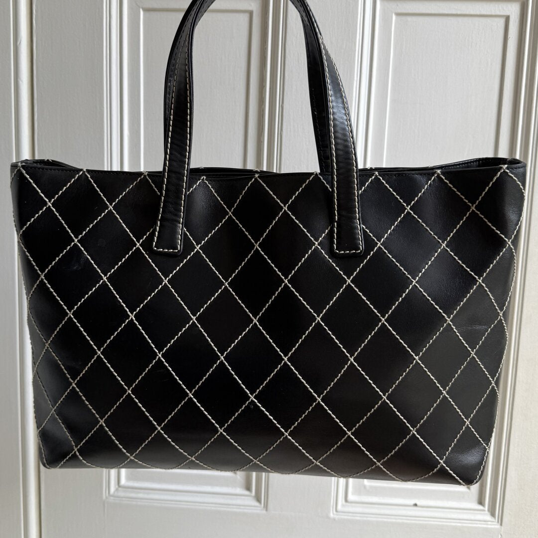 2002 Chanel CC Large Surpique Wild Stitch Black Leather Tote Bag