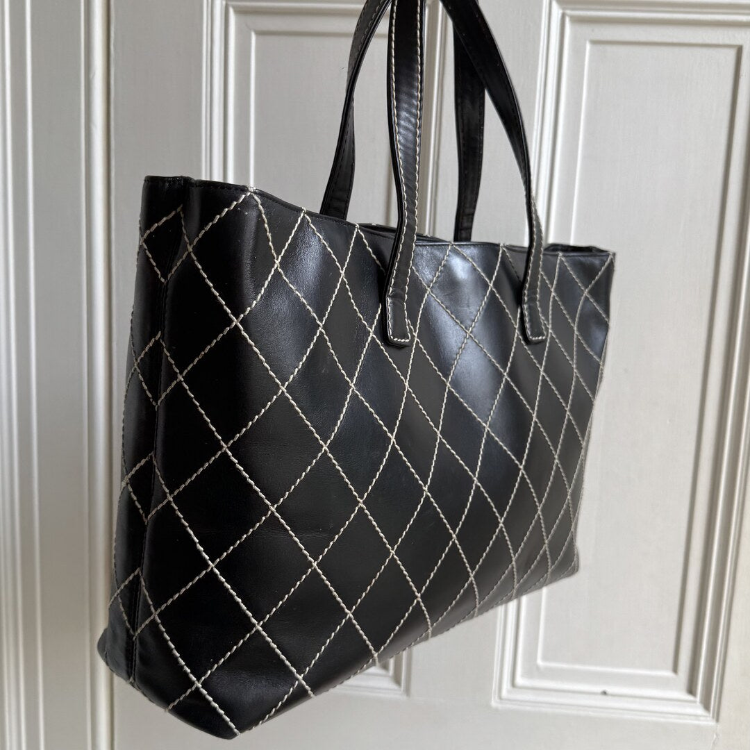 2002 Chanel CC Large Surpique Wild Stitch Black Leather Tote Bag
