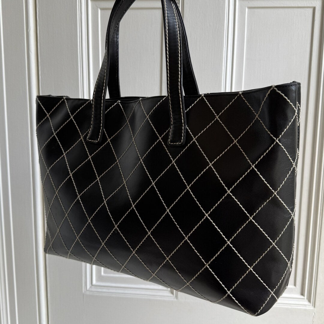 2002 Chanel CC Large Surpique Wild Stitch Black Leather Tote Bag