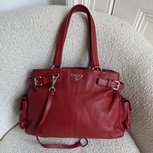 Prada Vitello Daino Leather Red Tote Bag