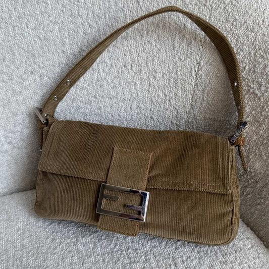 Fendi Mamma Baguette Corduroy Brown Shoulder Bag