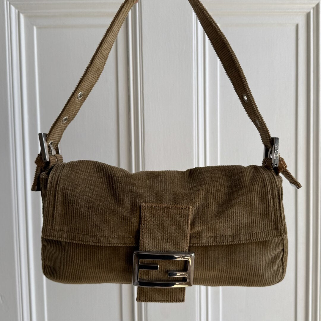 Fendi Mamma Baguette Corduroy Brown Shoulder Bag