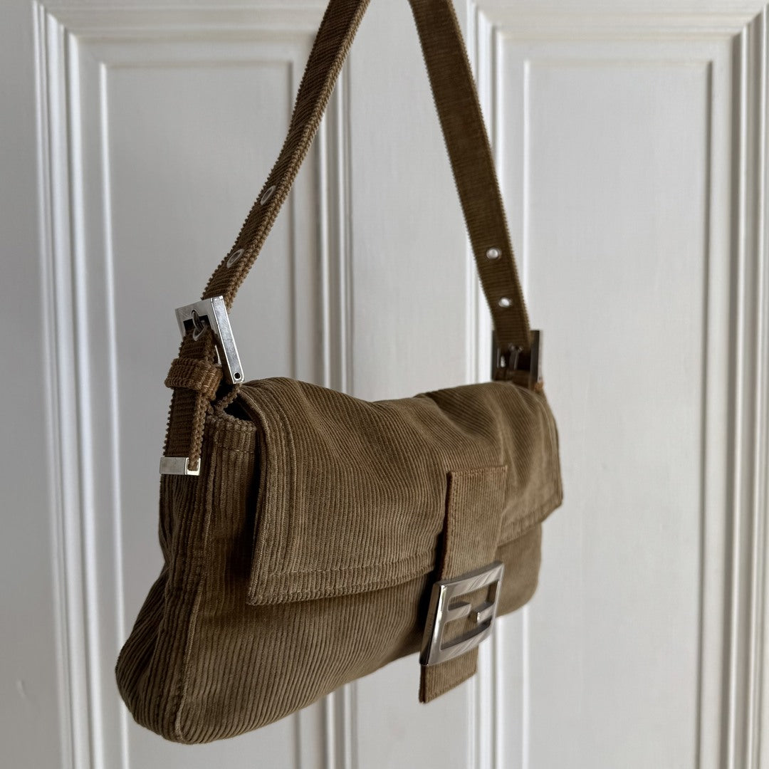 Fendi Mamma Baguette Corduroy Brown Shoulder Bag